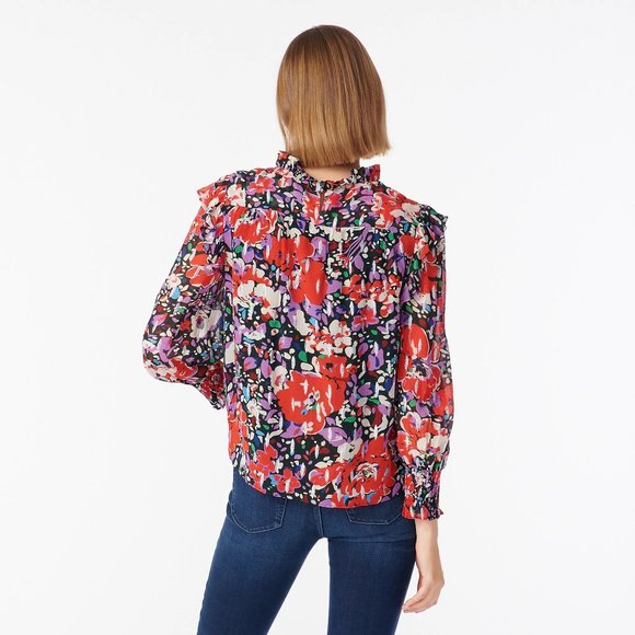 J.Crew Smocked metallic popover blouse top in Lurex dot floral AU241 XS 0 2 - Picture 3 of 16